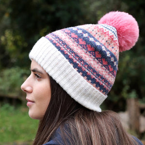 Cream/Denim/Coral Fair Isle Hat