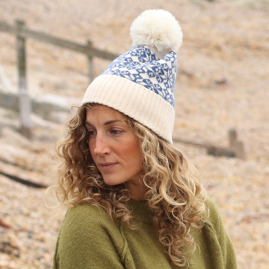 Blue/Cream Mix Scandi Star Flower Hat with Faux