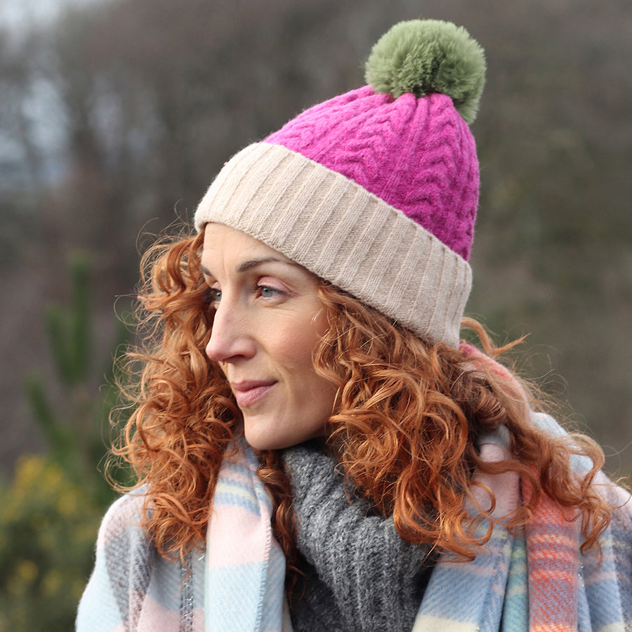 Green/Magenta/Cream Colour Block Pompom Hat