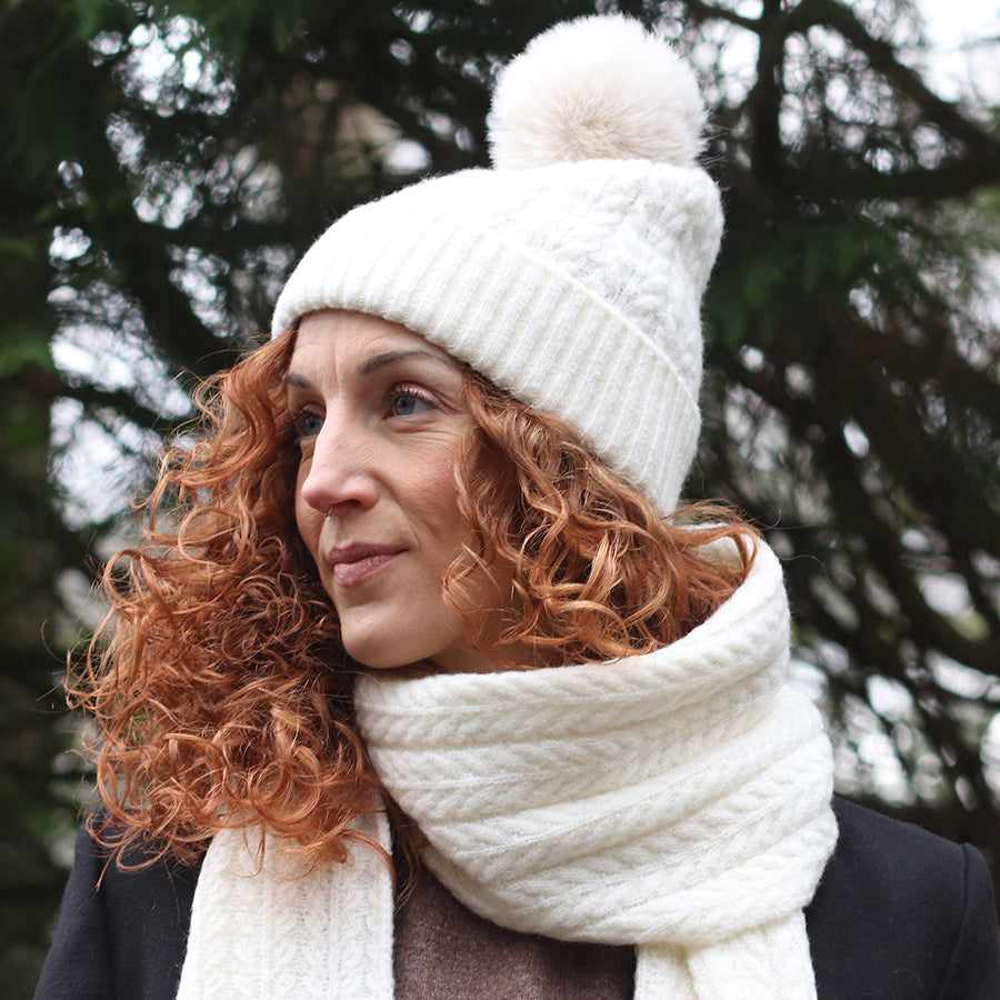 Cream Recycled Yarn Herringbone Cable Knit Hat
