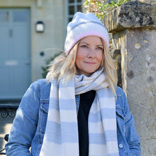 Load image into Gallery viewer, Grey/Pink/Cream Striped Ribbed Beanie
