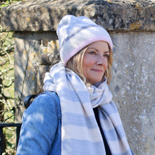 Load image into Gallery viewer, Grey/Pink/Cream Striped Ribbed Beanie
