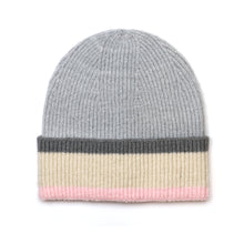 Load image into Gallery viewer, Grey/Pink/Cream Striped Ribbed Beanie
