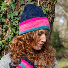 Load image into Gallery viewer, Navy/Pink/Teal Striped Ribbed Beanie
