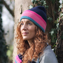 Load image into Gallery viewer, Navy/Pink/Teal Striped Ribbed Beanie
