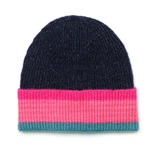 Load image into Gallery viewer, Navy/Pink/Teal Striped Ribbed Beanie
