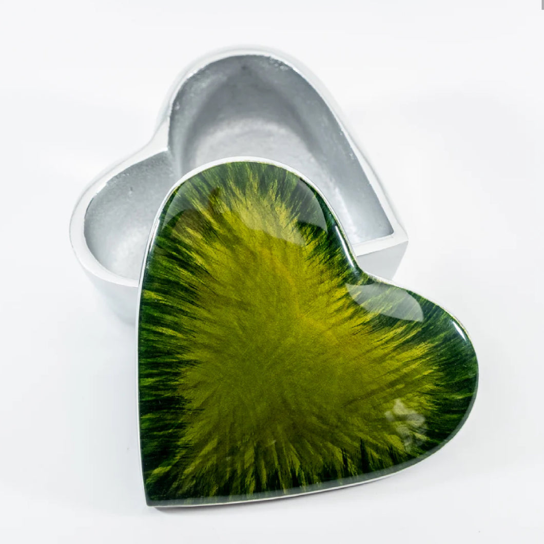 Brushed Green Heart Trinket Box 10cm