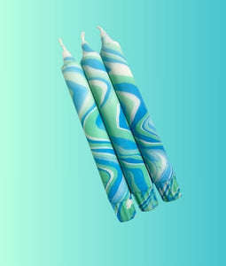 Light Blue & Mint Marbled Taper Candle Box of 3