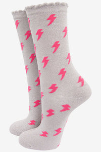 Women's Cotton Glitter Socks Lightning Bolt Grey