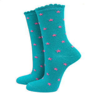 Womens Star Print Glitter Socks Aqua