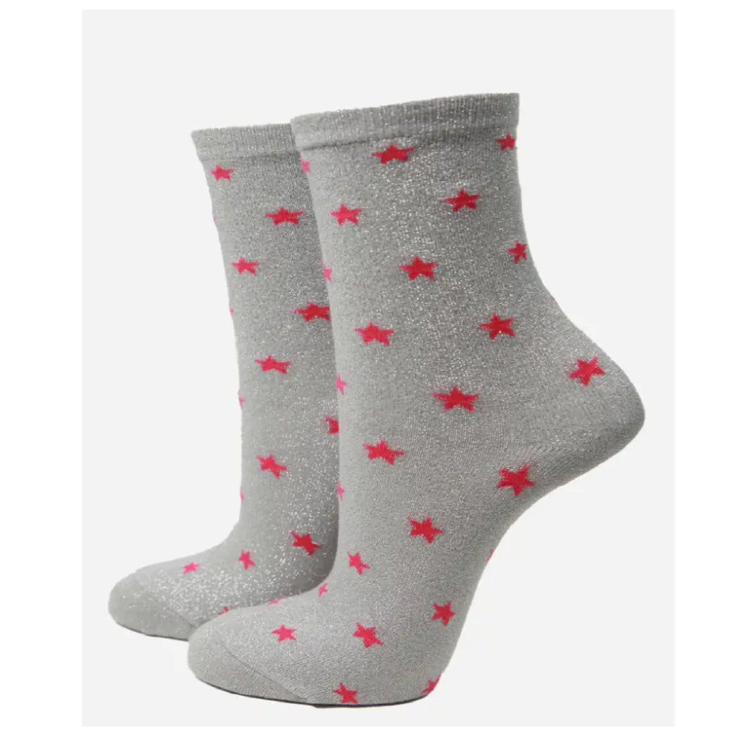 Light Grey Fuchsia Star Print Glitter Socks