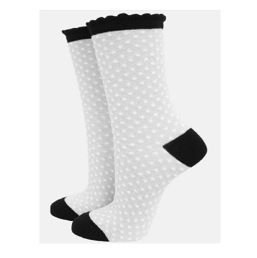 Women's Cotton Glitter Socks Polka Dot Spots in Grey & Black