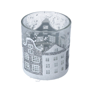 Silver/White Houses Candle Holder