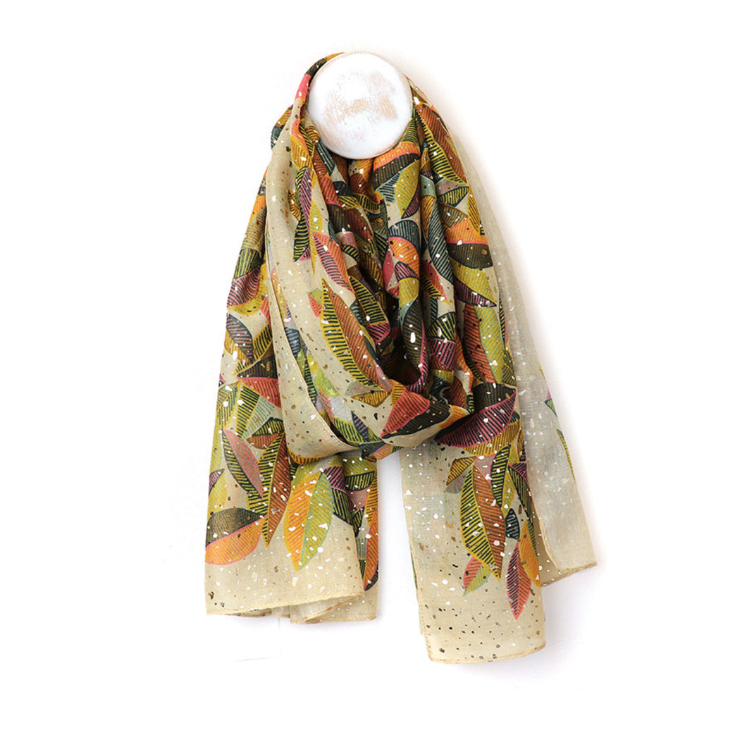 Beige/Sage Mix Leaf Print Scarf