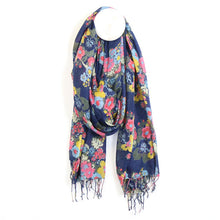 Load image into Gallery viewer, Navy/Brights Floral Tassel Scarf
