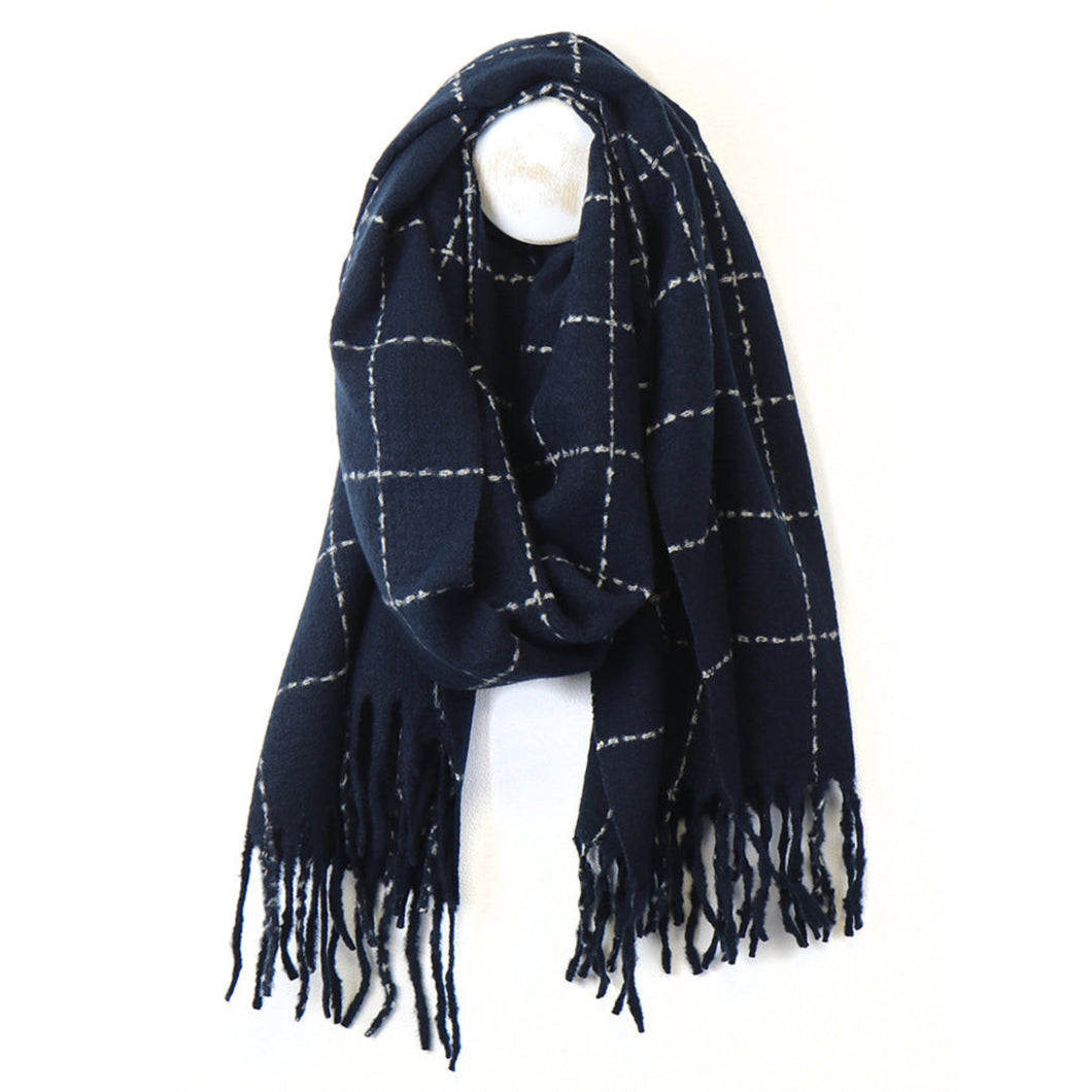 Dark Navy Running Stitch Check Scarf