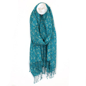Teal Blue Floral Stencil Print Scarf with Fringe