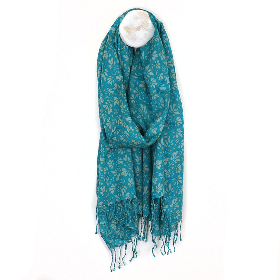 Teal Blue Floral Stencil Print Scarf with Fringe