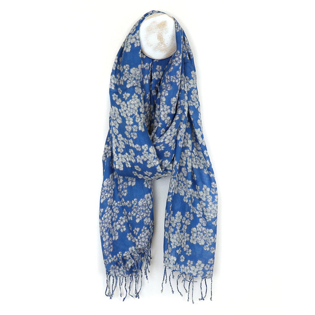 Royal Blue Cherry Blossom Print Scarf with Fringe
