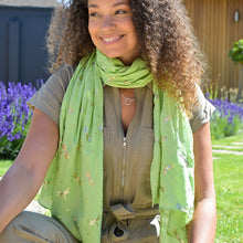Load image into Gallery viewer, Bright Green/Metallic Dragonfly Print Scarf

