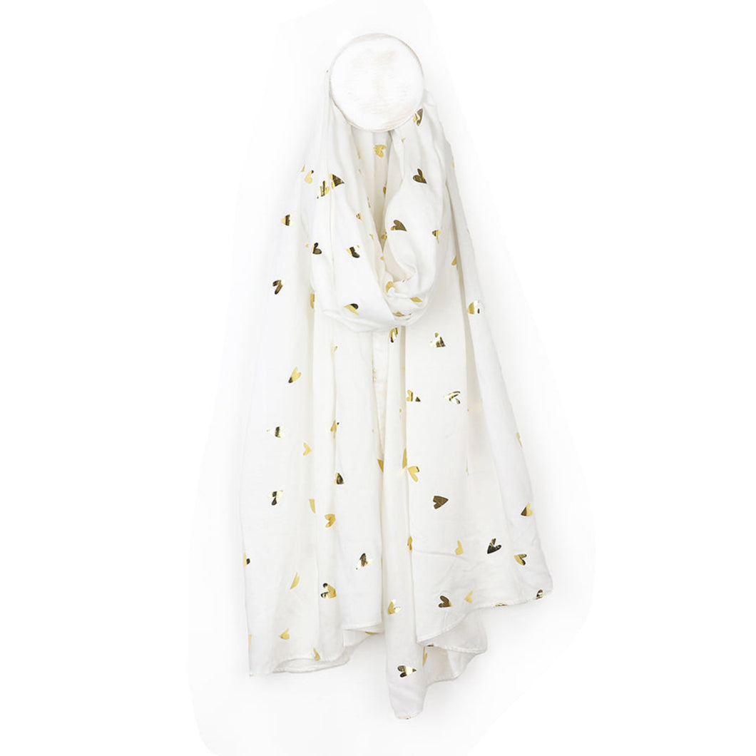 White/Metallic Heart Print Scarf