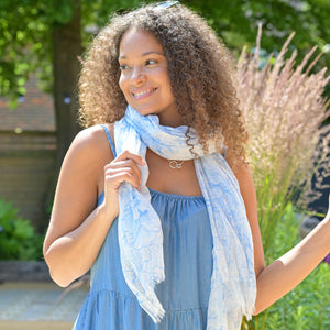 White/Blue Flower Outline Print Scarf