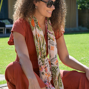 Orange/Green Folksy Floral Print Scarf