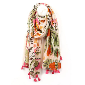 Orange/Green Folksy Floral Print Scarf