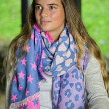 Load image into Gallery viewer, Reversible Blue/Pink Star, Heart/Leopard Scarf
