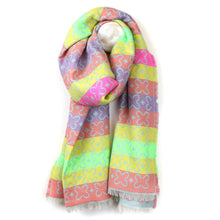 Load image into Gallery viewer, Reversible Neon Mix Geo-Flower Stripes Scarf with Fringe
