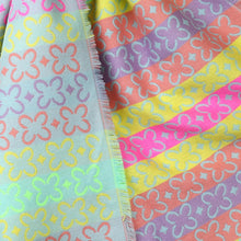 Load image into Gallery viewer, Reversible Neon Mix Geo-Flower Stripes Scarf with Fringe
