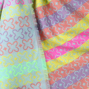 Reversible Neon Mix Geo-Flower Stripes Scarf with Fringe