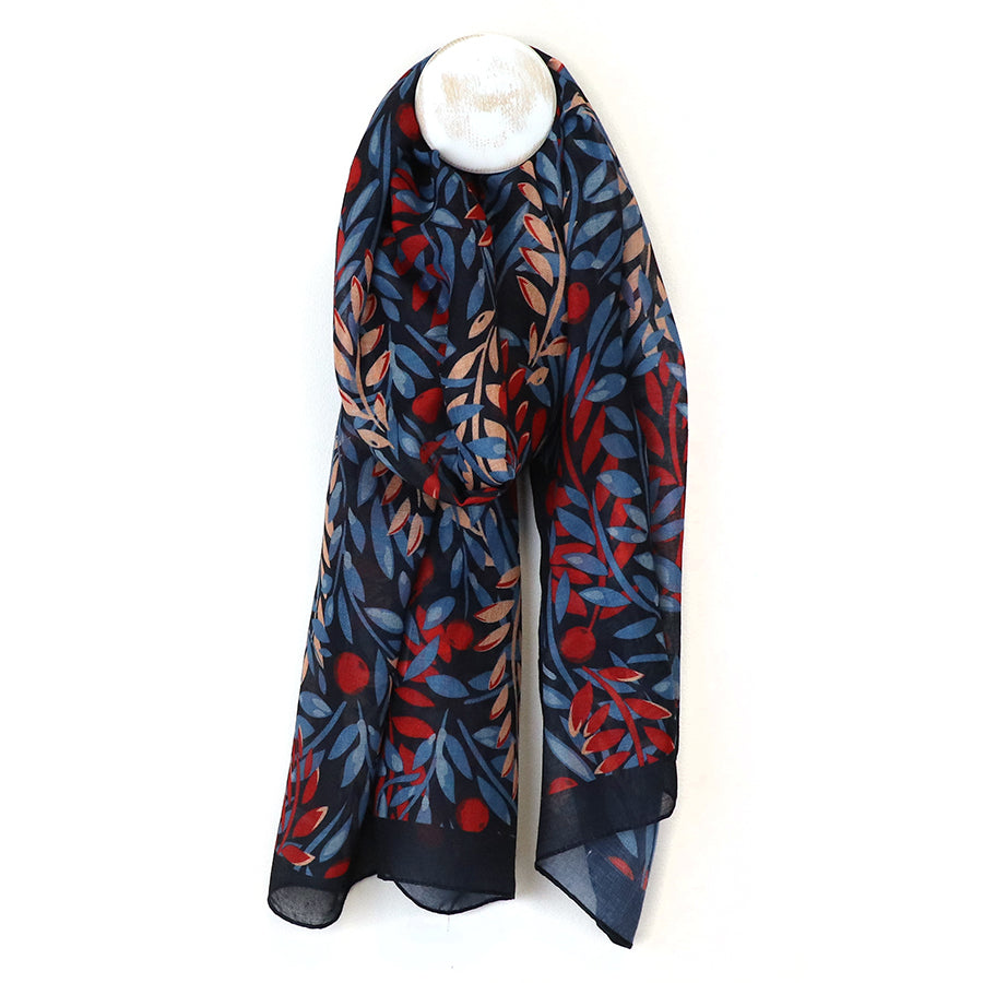 Navy/Burgundy Mix Leaf Vines Print Scarf