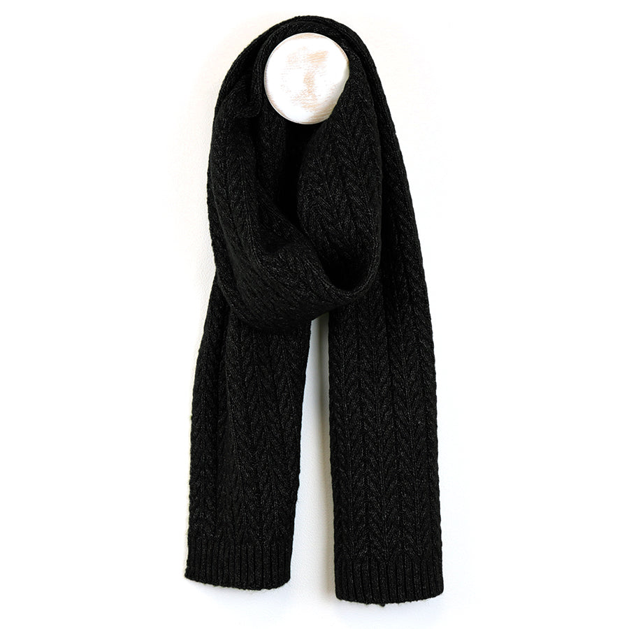 Black Recycled Yarn Herringbone Cable Knit Scarf