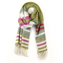 Load image into Gallery viewer, Olive/Pink/Cream Twill Knit Striped Scarf
