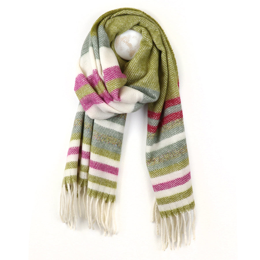 Olive/Pink/Cream Twill Knit Striped Scarf