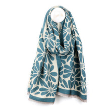 Load image into Gallery viewer, Dusky Teal/Ecru Bold Floral Reversible Scarf
