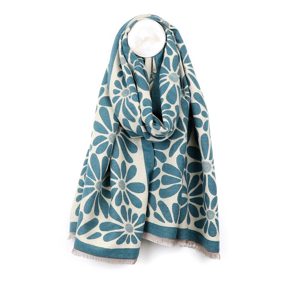 Dusky Teal/Ecru Bold Floral Reversible Scarf