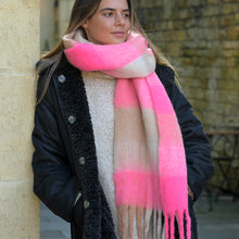 Load image into Gallery viewer, Bright Pink/Camel Fluffy Checked Scarf

