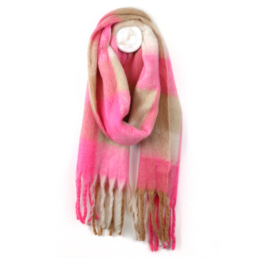 Bright Pink/Camel Fluffy Checked Scarf