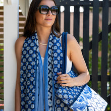 Load image into Gallery viewer, Blue Abstract Floral Tile Print Cotton Scarf
