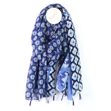 Load image into Gallery viewer, Blue Abstract Floral Tile Print Cotton Scarf
