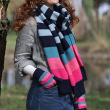 Load image into Gallery viewer, Navy/Teal &amp; Pink Stripe Knit Scarf
