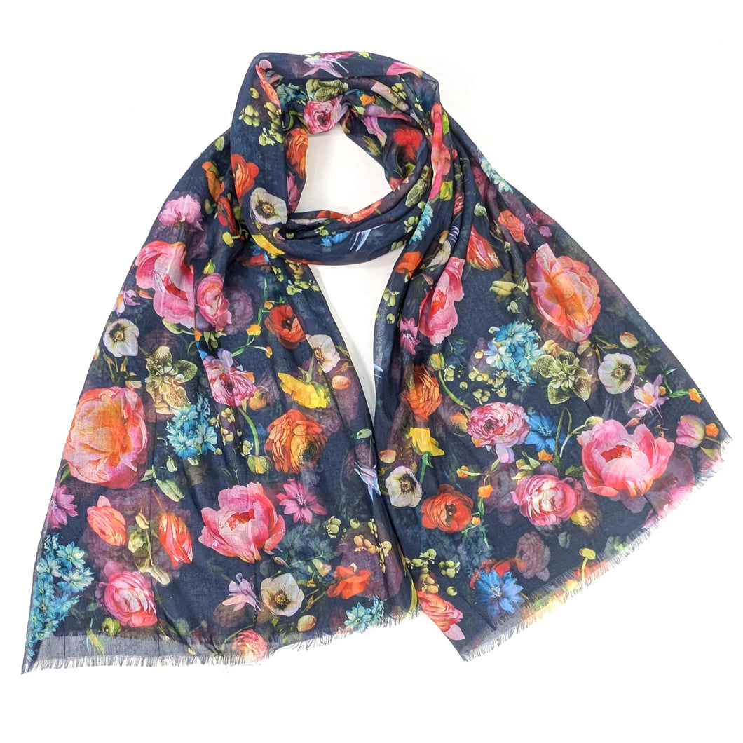 Navy Silky Floral Scarf