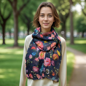 Navy Silky Floral Scarf
