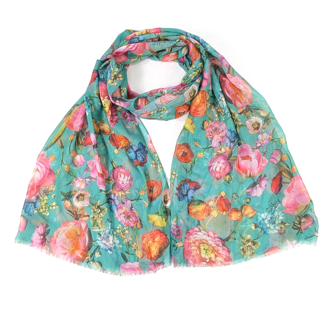 Green Silky Floral Scarf