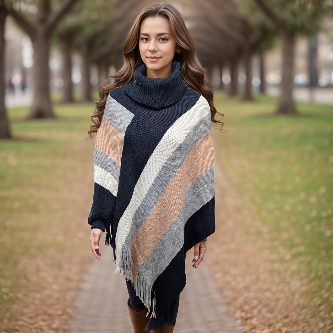 Cowl Neck Poncho Blue/Pink