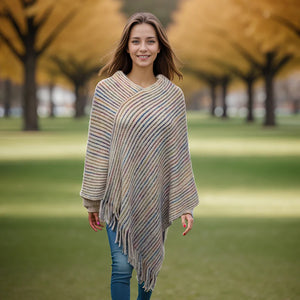 Striped Knitted Poncho - Cream