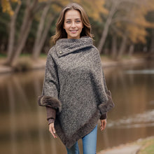 Load image into Gallery viewer, Brown Button Collar Faux Fur Trimmed Poncho
