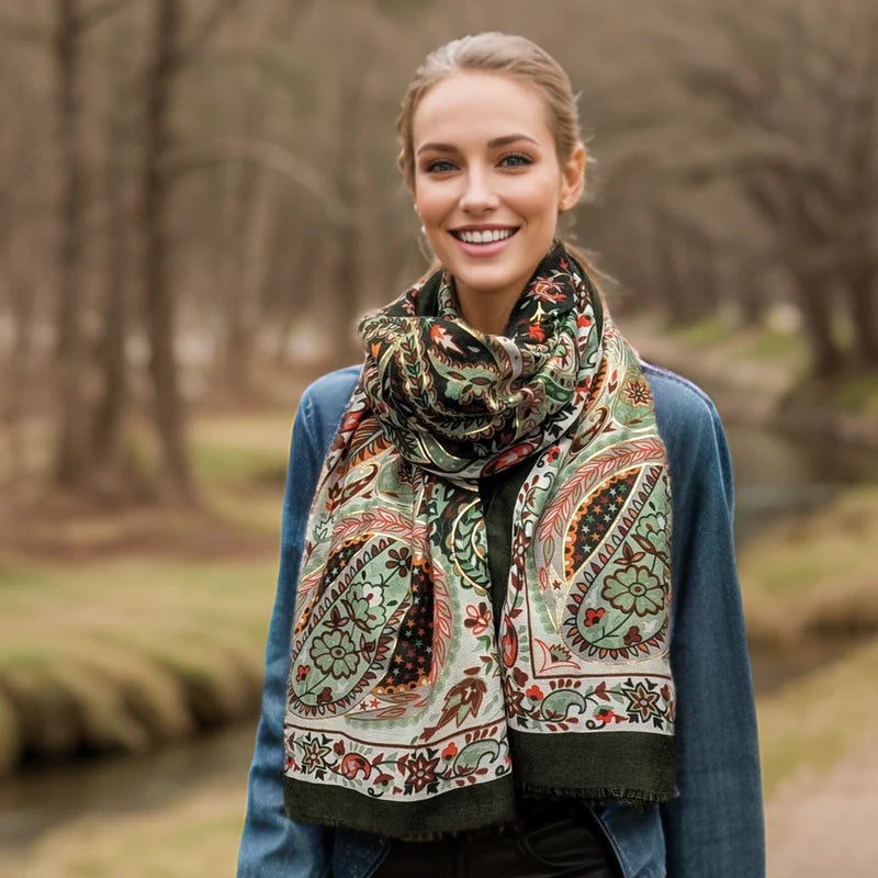 Golden Paisley Scarf - Green
